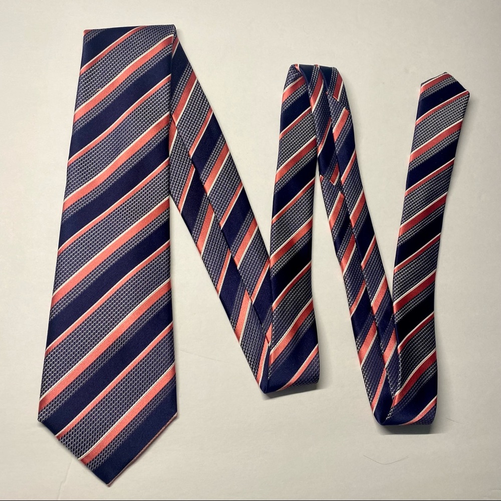 Countess Mara Blue & Salmon Silk Classic Striped Tie 3.75” x 60” - Picture 2 of 5